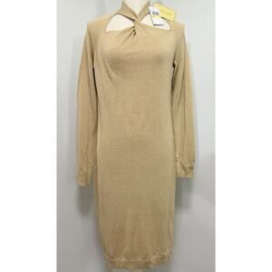 NEW Michael Kors Sweater Dress Khaki Metallic Twist Neck Long Sleeve Medium M